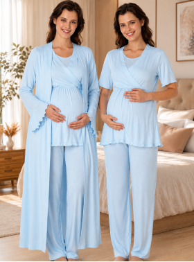 Effortt 3034 Mavi Sabahlıklı Hamile Lohusa Pijama Takımı